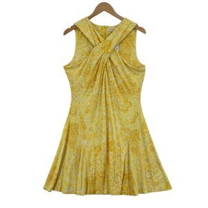 Michael Kors Fit & Flare Dress Womens Petite XL Yellow Paisley Crossover Neck